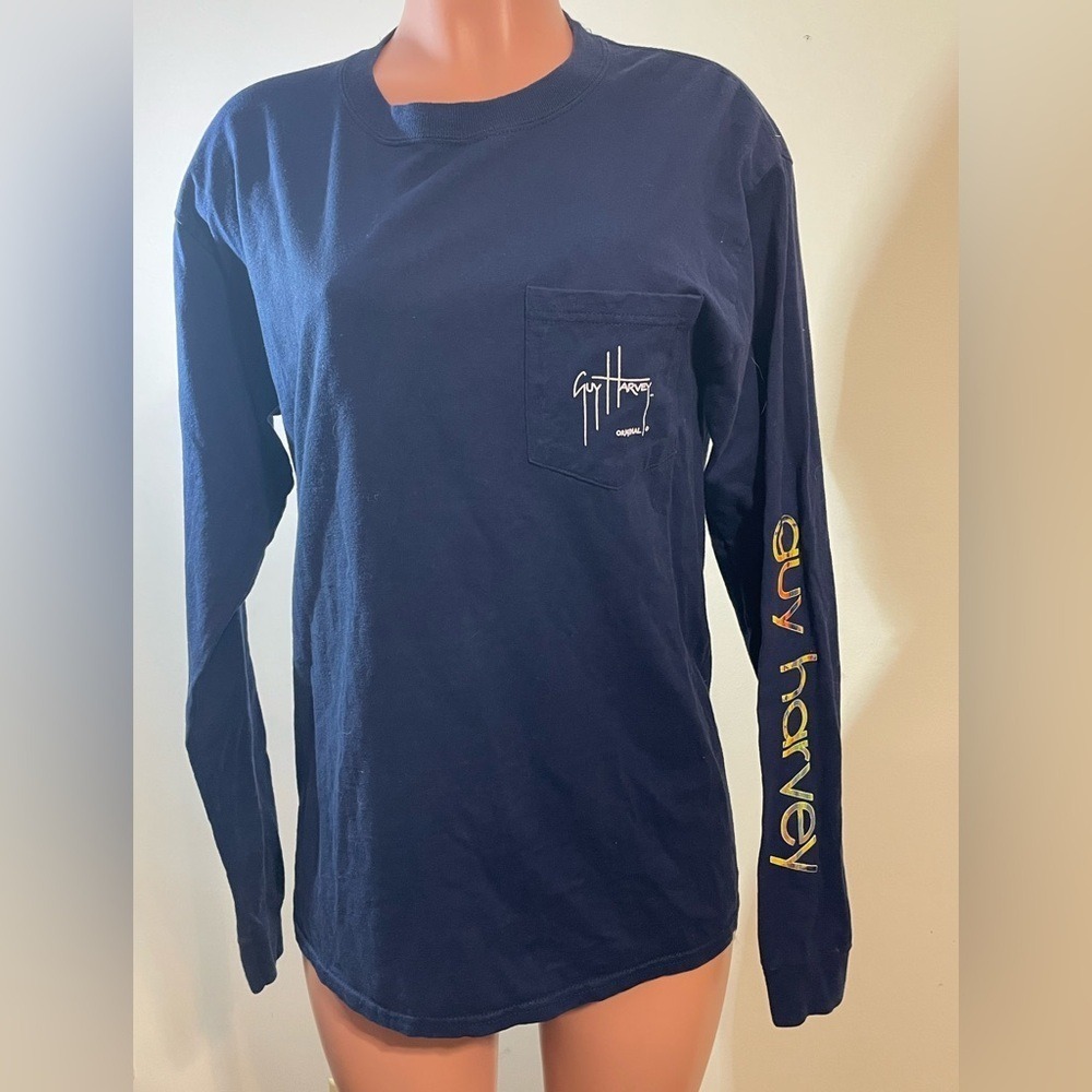 Guy Harvey Mens‎ Medium Blue Fishing Boat Graphic Pocket Logo Front long sleeve